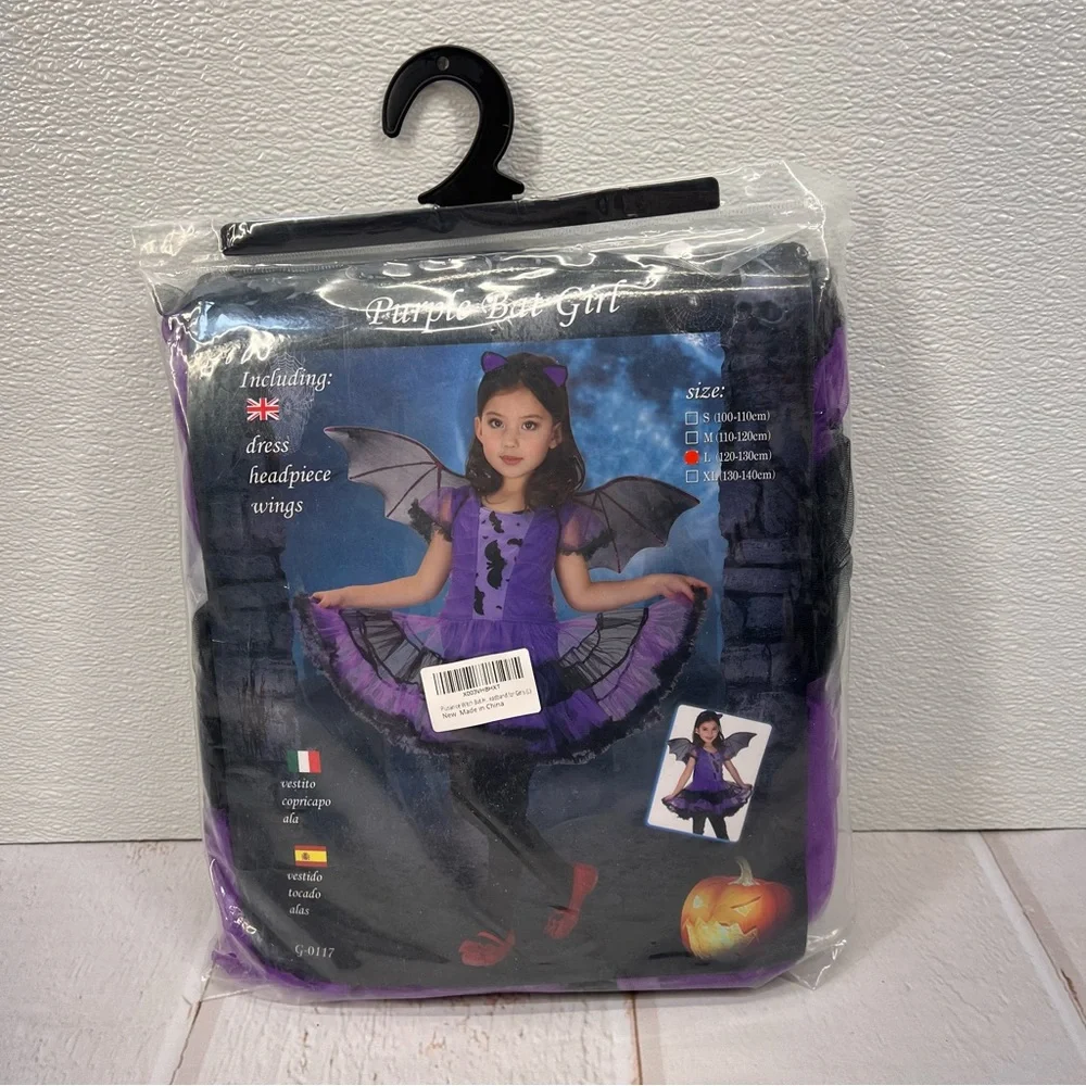 NWT Girls Bat Witch‎ Costume Halloween Cosplay Fancy Dress Up with Bat Wings L